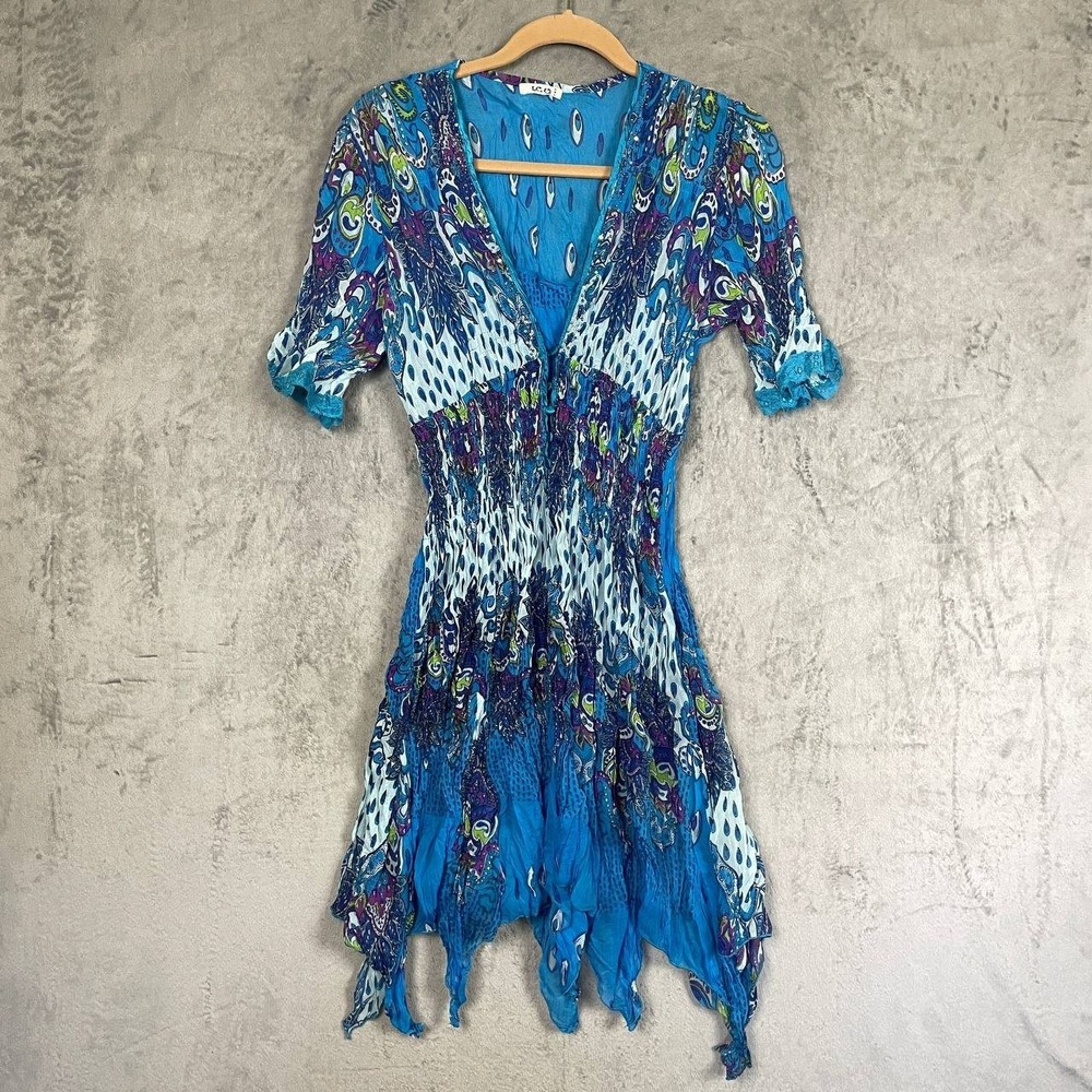 Y2K Blue Paisley Smocked Handkerchief Hem Fairy Boho Dress Medium